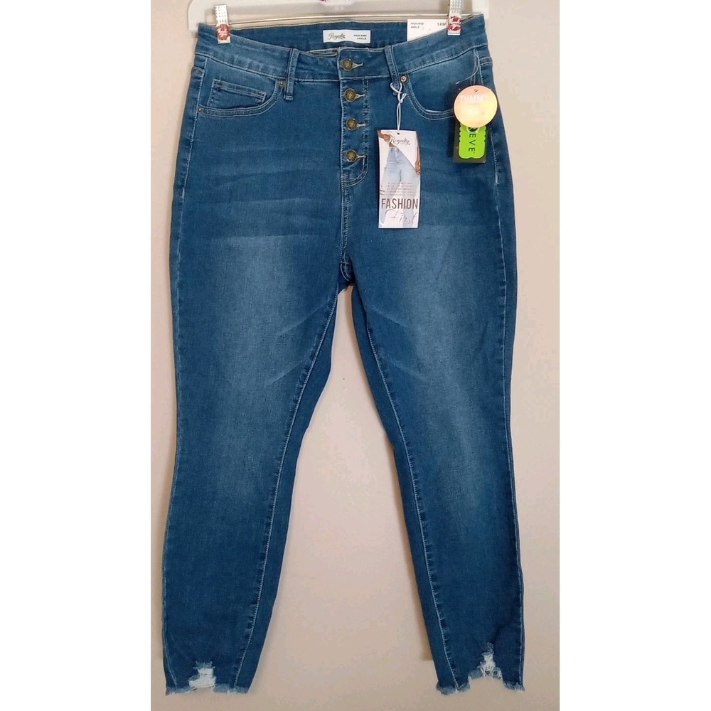 Royalty Highrise Tummy Tuck Lycra Button Fly Raw Hem Ankle Jeans Size 14W